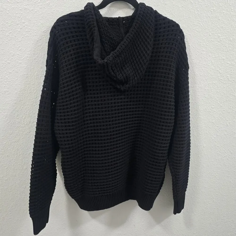 ZARA Mens Black Knit Hoodie Sweater Waffle Open Weave Cotton Pullover Size M